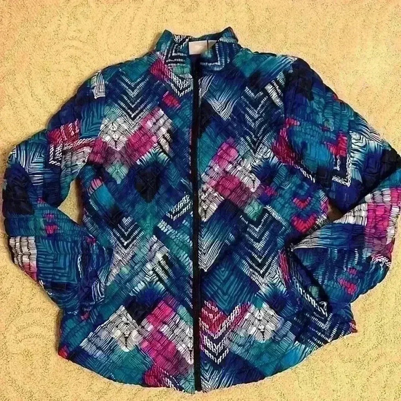 Weekends by Chico's Womens Quilted jacket Geometric Pattern Blue White size 1 - Picture 1 of 9